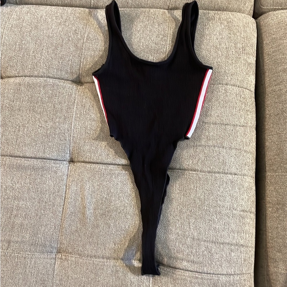 Black ribbed high cut bodysuit